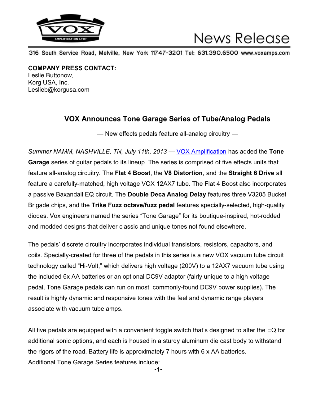 VOX Announces Tone Garage Series of Tube/Analog Pedals