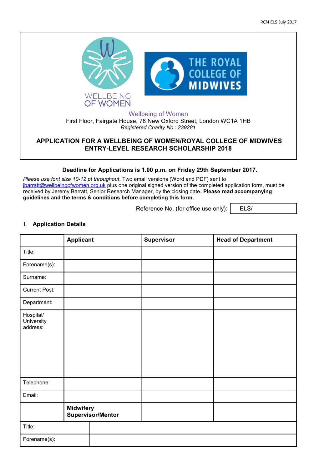 Application for a Wellbeing of Women/Royal College of Midwives
