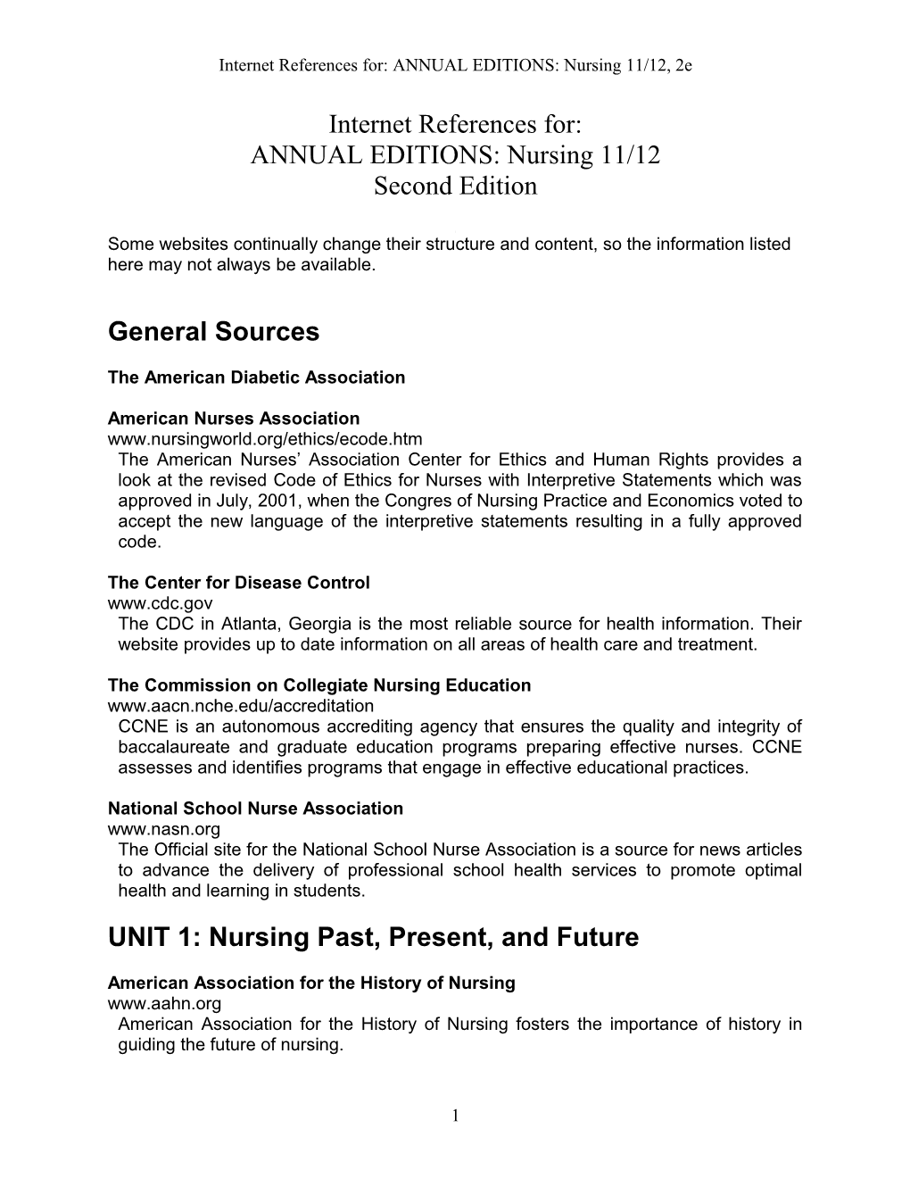 Internet References For:ANNUAL EDITIONS: Nursing 11/12, 2E