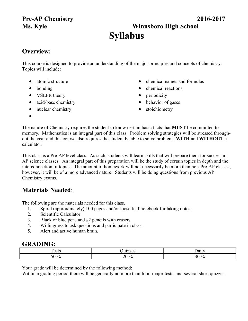 Syllabus for Pre-AP Chemistry