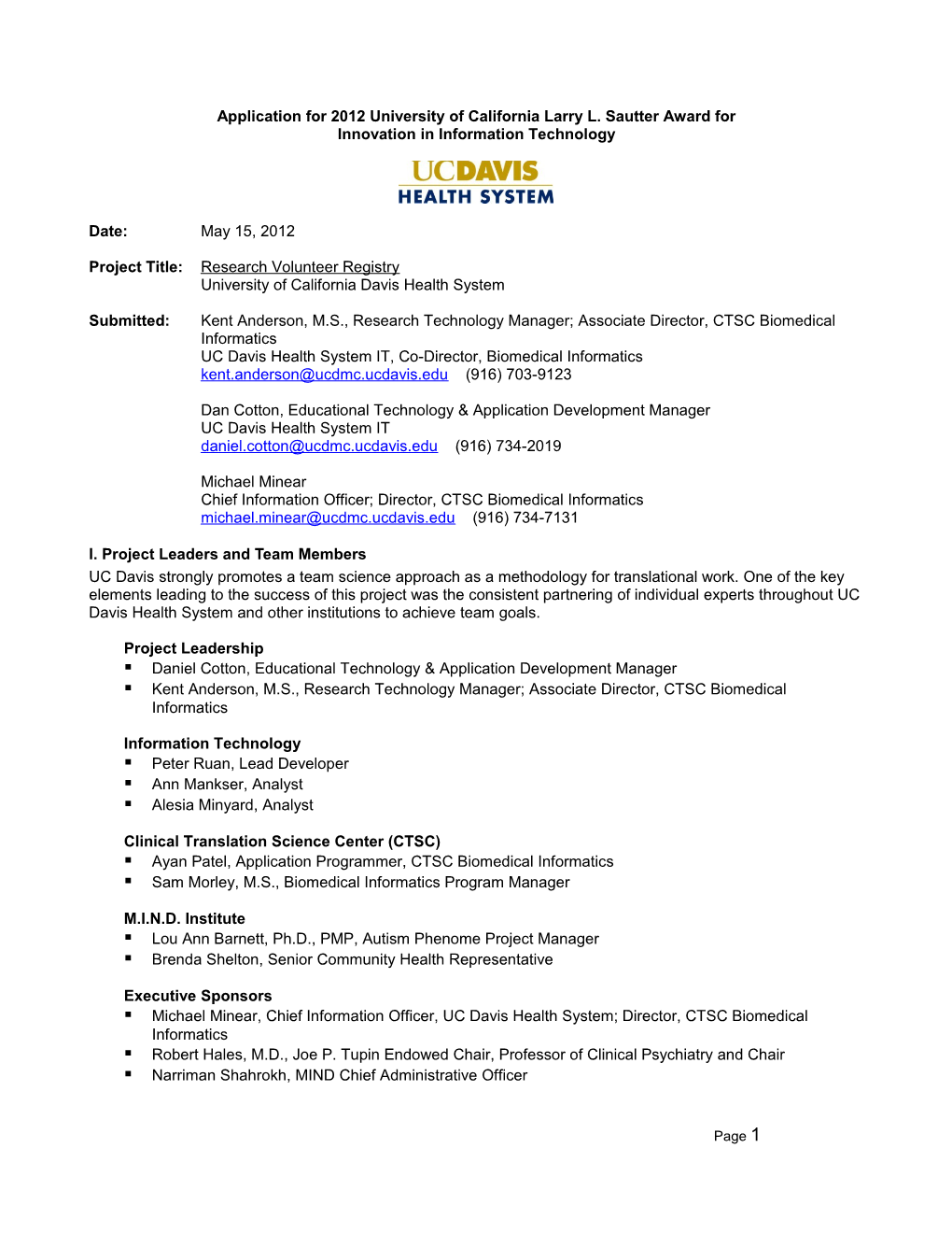 Application for 2012 University of California Larry L. Sautter Award For