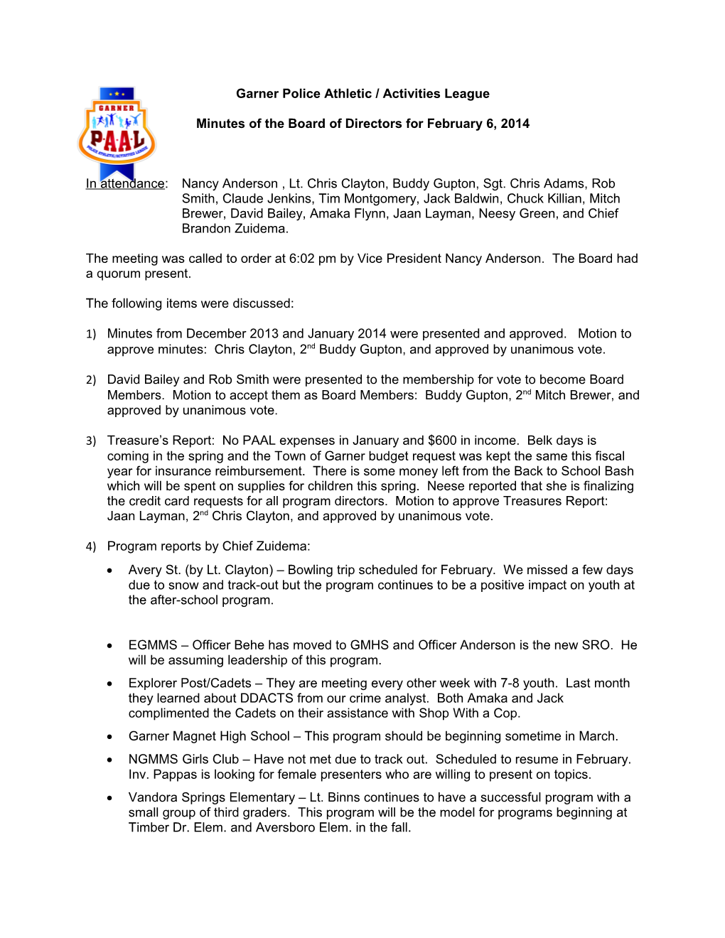 Minutes of the Board of Directors for February 6, 2014