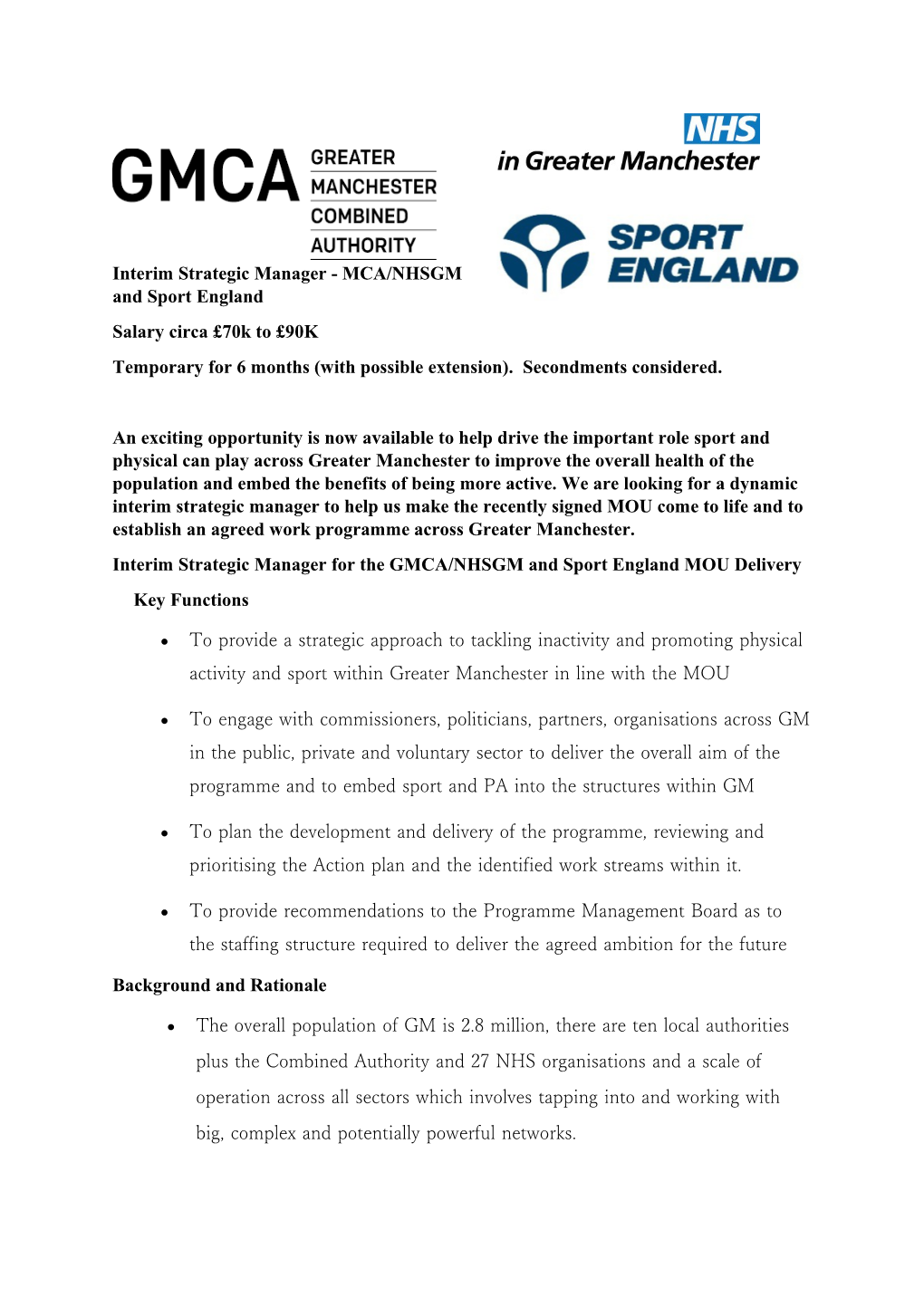 Interim Strategic Manager - MCA/Nhsgmand Sport England