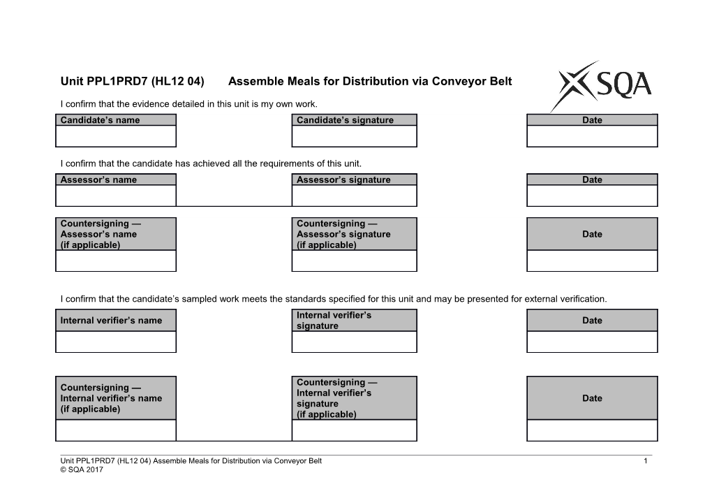 Unit PPL1PRD7 (HL12 04)Assemble Meals for Distribution Via Conveyor Belt