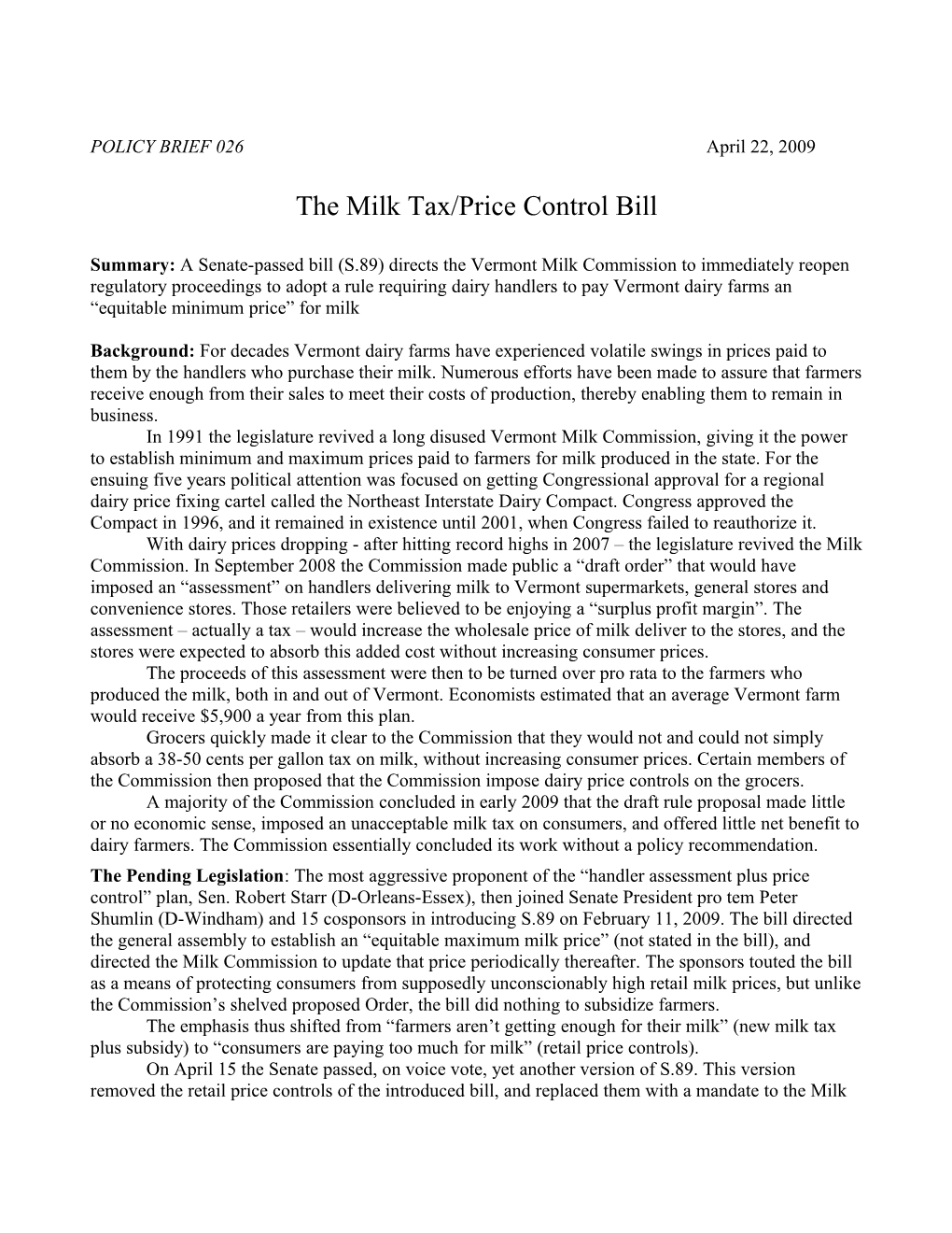 The Milk Tax/Price Control Bill