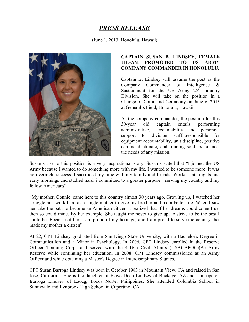 Captain Susan B. Lindsey, Female Fil-Am Promoted to Us Army Company Commander in Honolulu