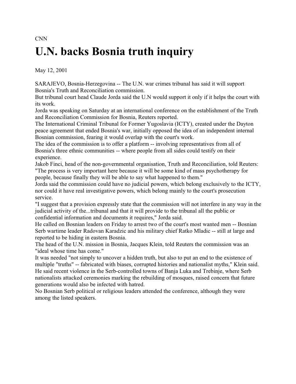 U.N. Backs Bosnia Truth Inquiry