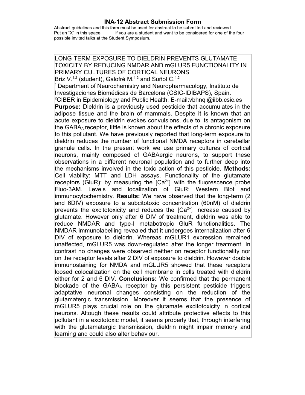 LONG-TERM EXPOSURE to DIELDRIN REDUCE NMDA and Mglur5 FUNCTIONALITY in PRIMARY CULTURES