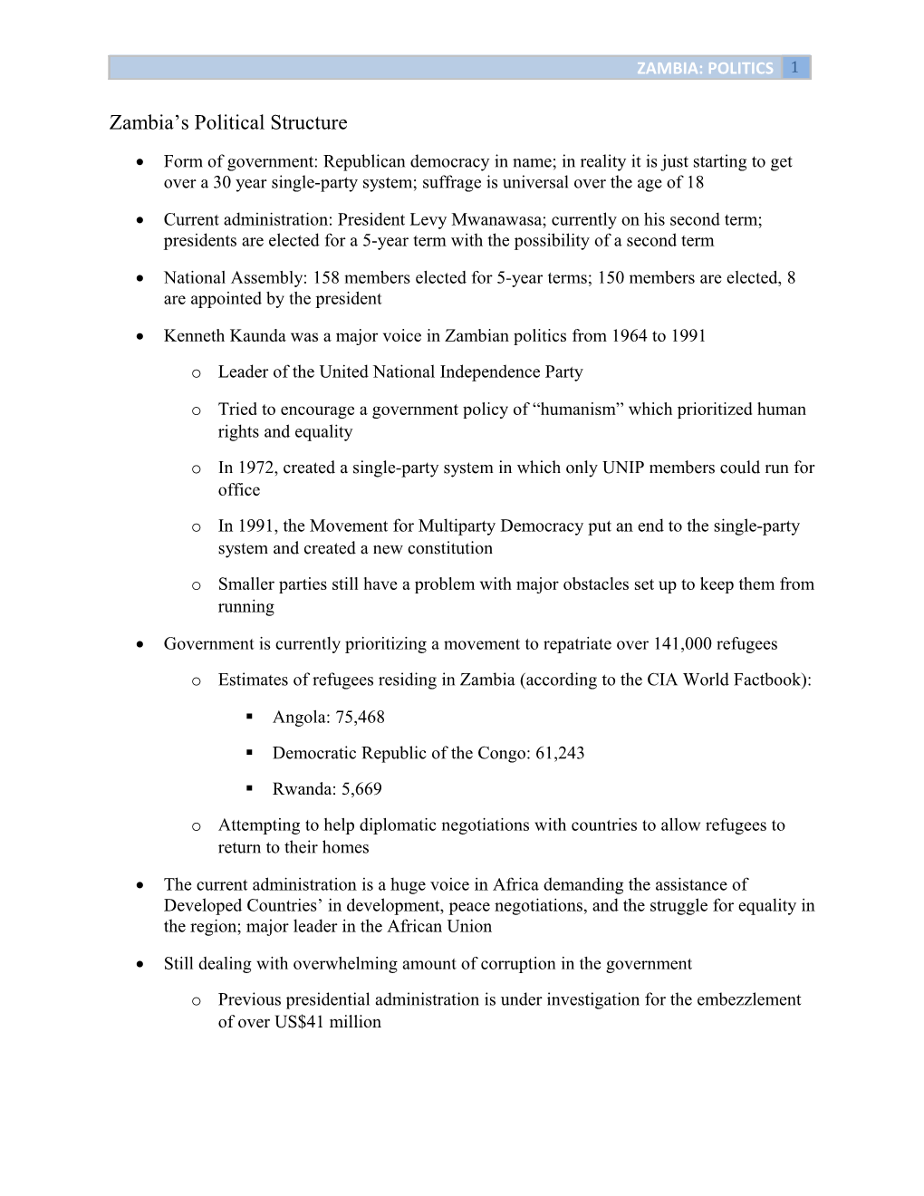Zambia S Political Structure