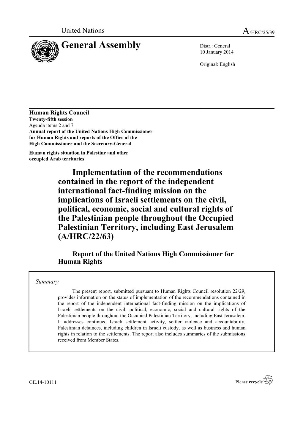 Implementation of the Recommendations Contained in the Report of the Independent International