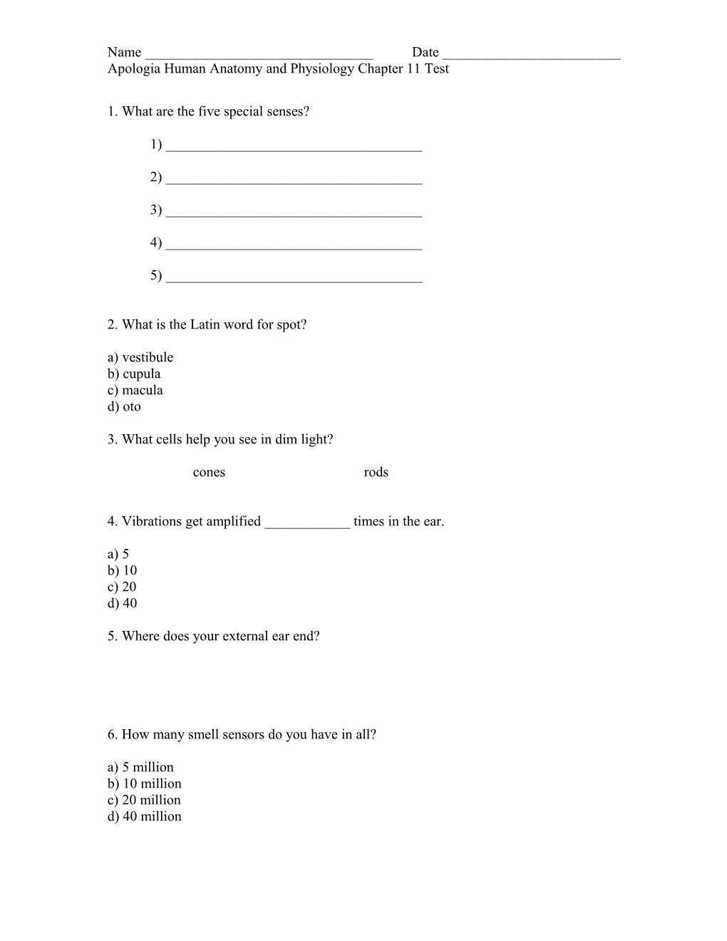 Apologia Human Anatomy and Physiology Chapter 11 Test