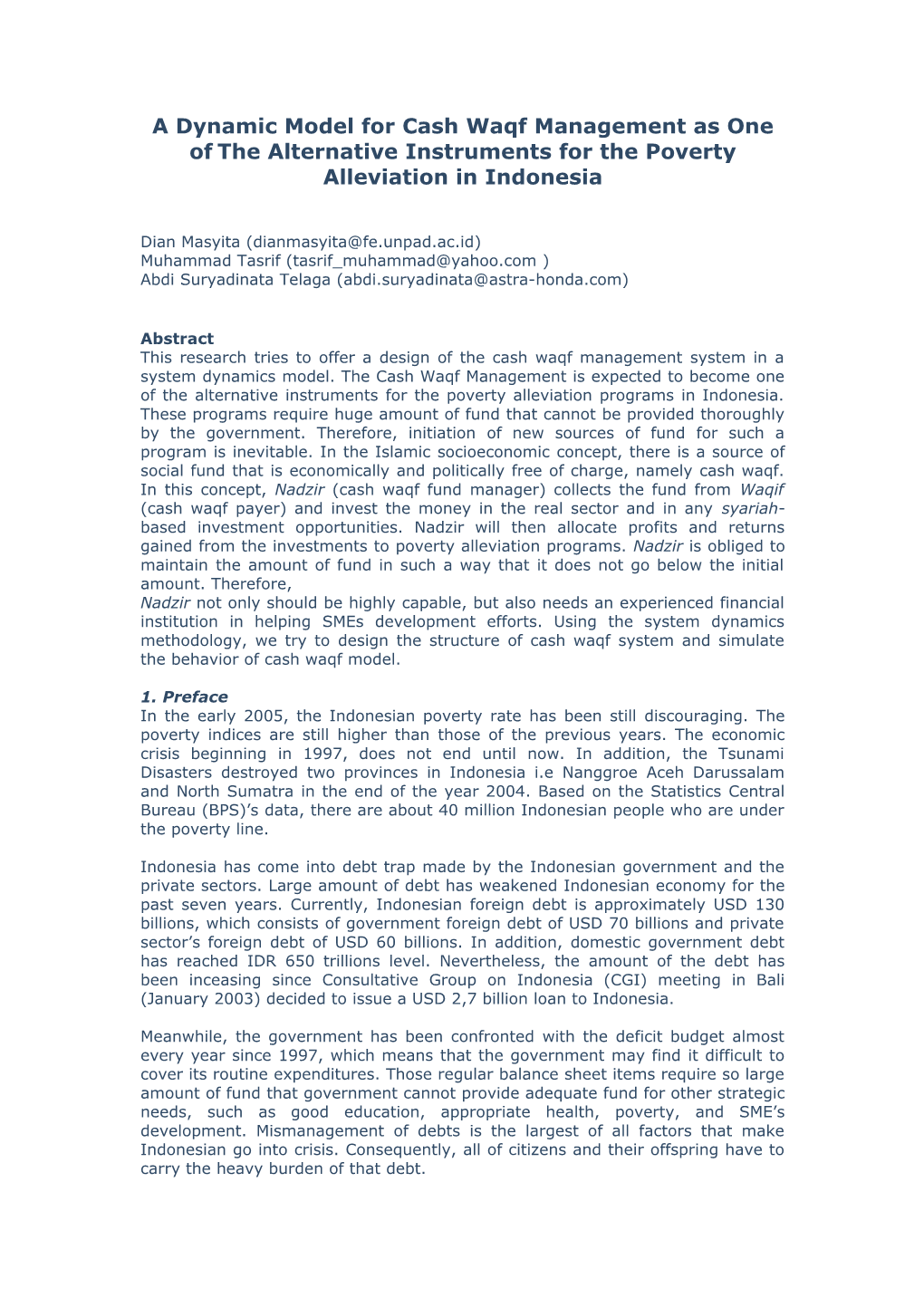 A Dynamic Model for Cash Waqf Management As One of the Alternative Instruments for The