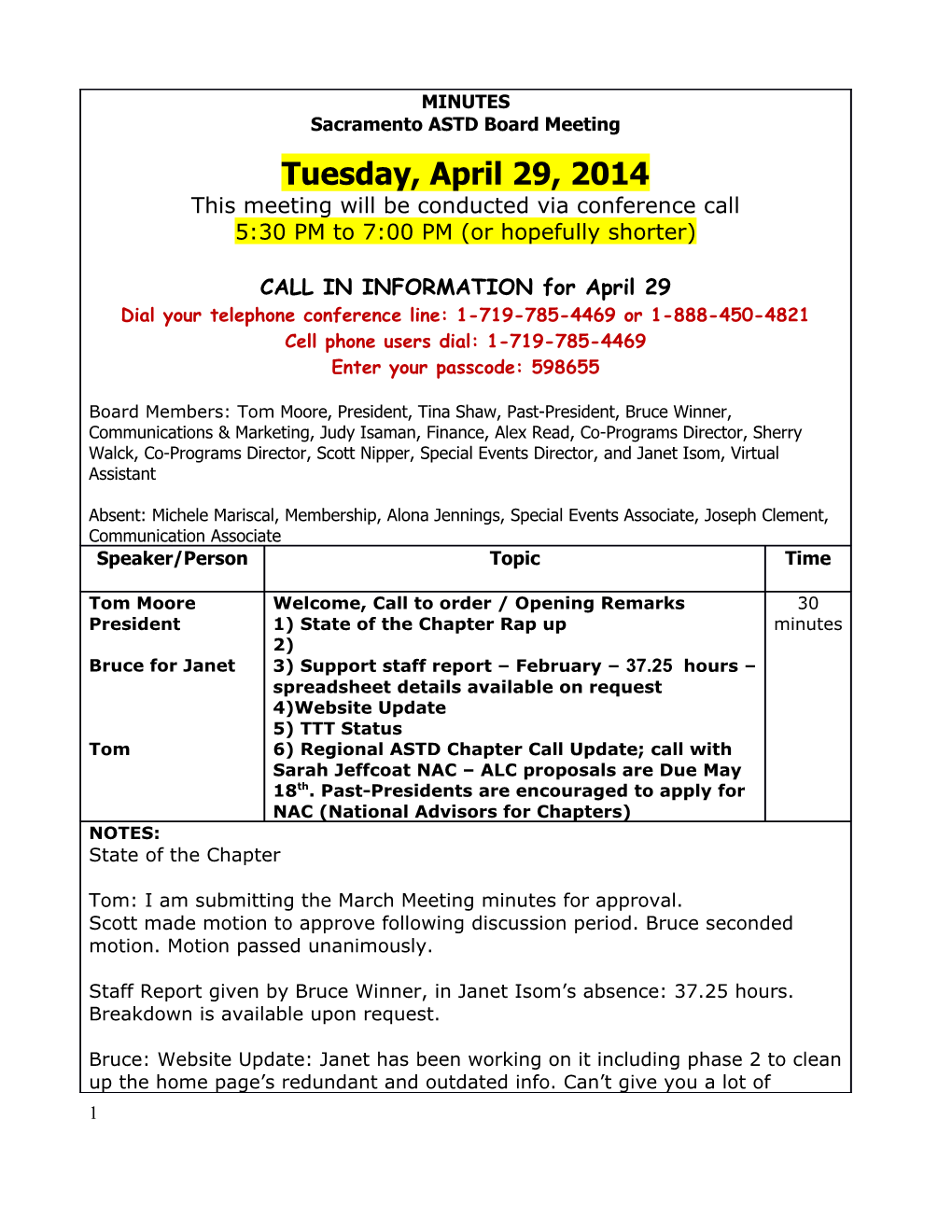 2014 ASTD Sacramento Board Meetings (Schedule Subject to Change)