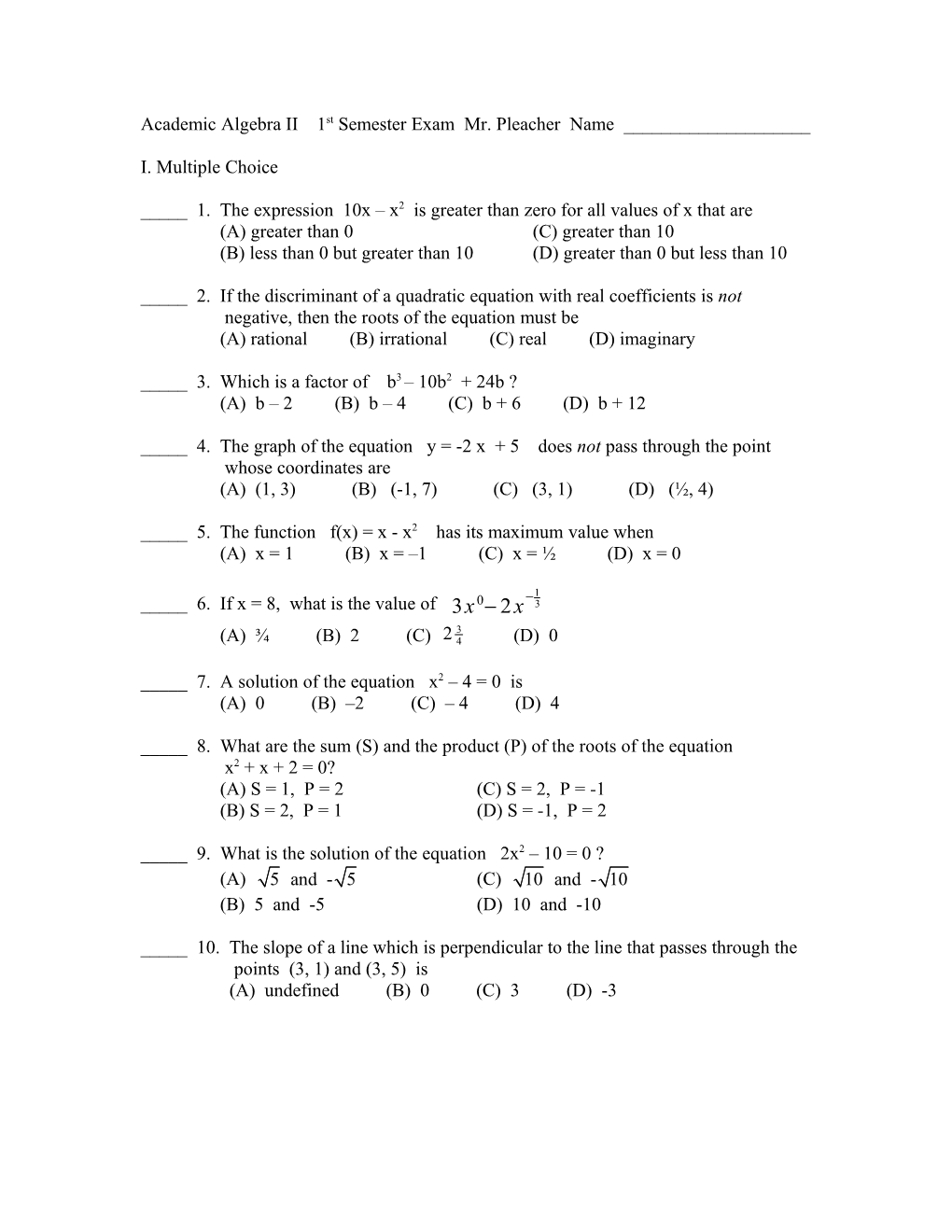 Academic Algebra II 1St Semester Exam Mr