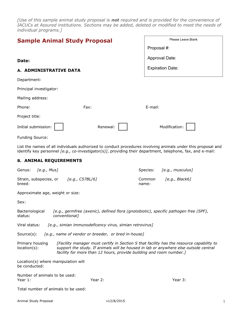 Animal Study Proposal Sample Document