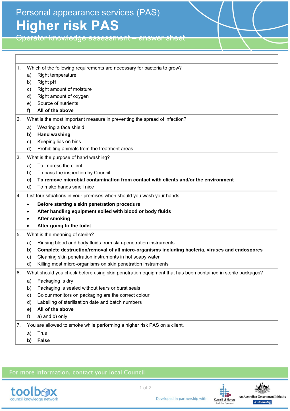 PAS Higher Risk - Operator Knowledge Assessment Answers