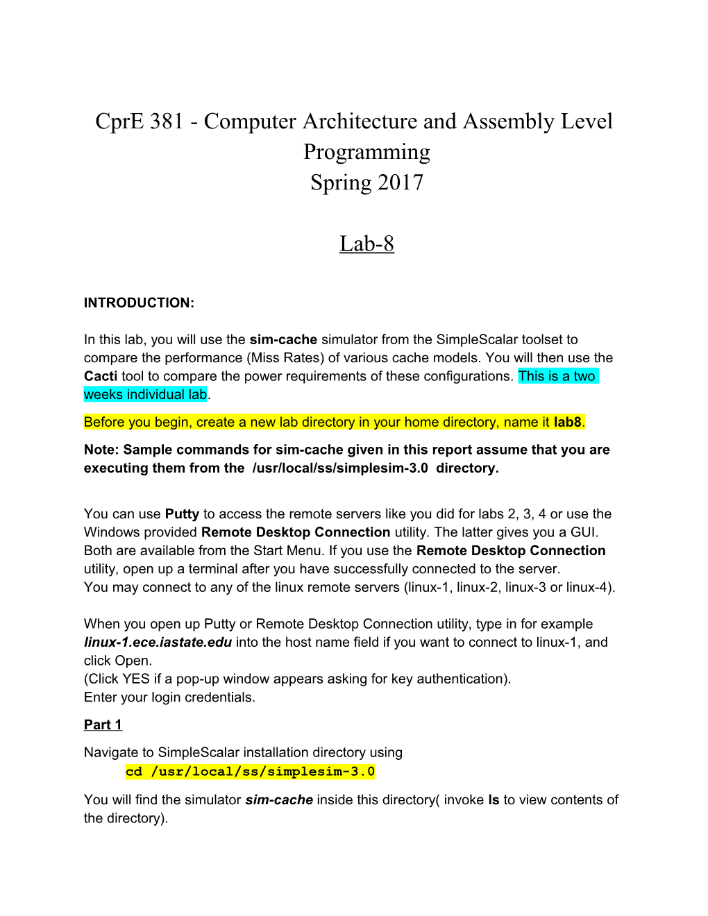 Cpre 381 - Computer Architecture and Assembly Level Programmingspring 2017Lab-8