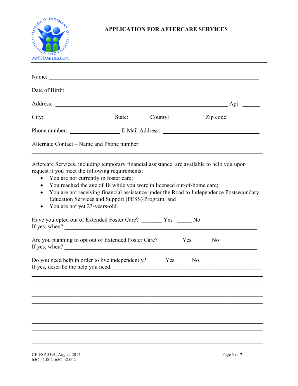 Application for Aftercare Services