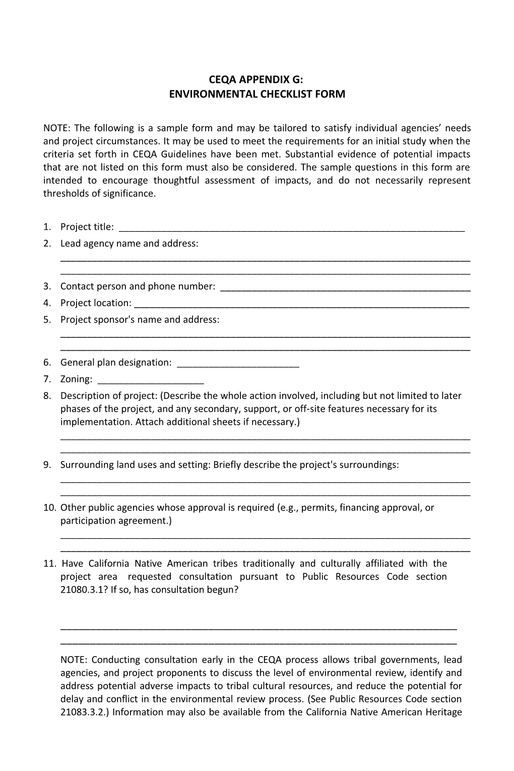 CEQA Appendix G: Environmental Checklist Form