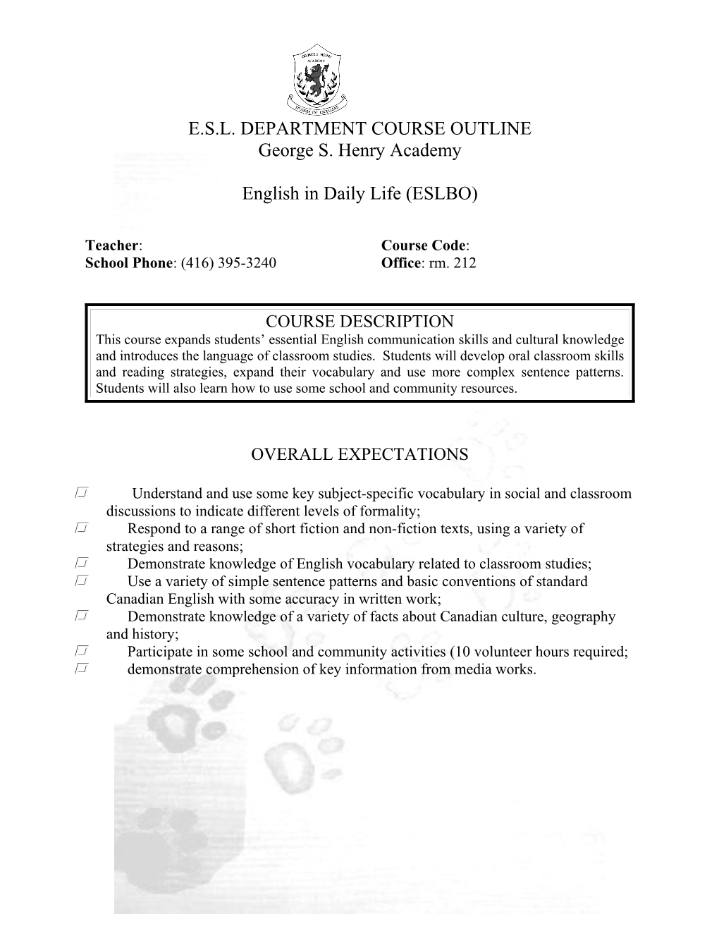 E.S.L. Department Course Outline