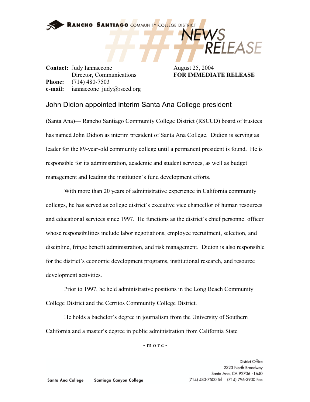 John Didion Appointed Interim Santa Ana College President