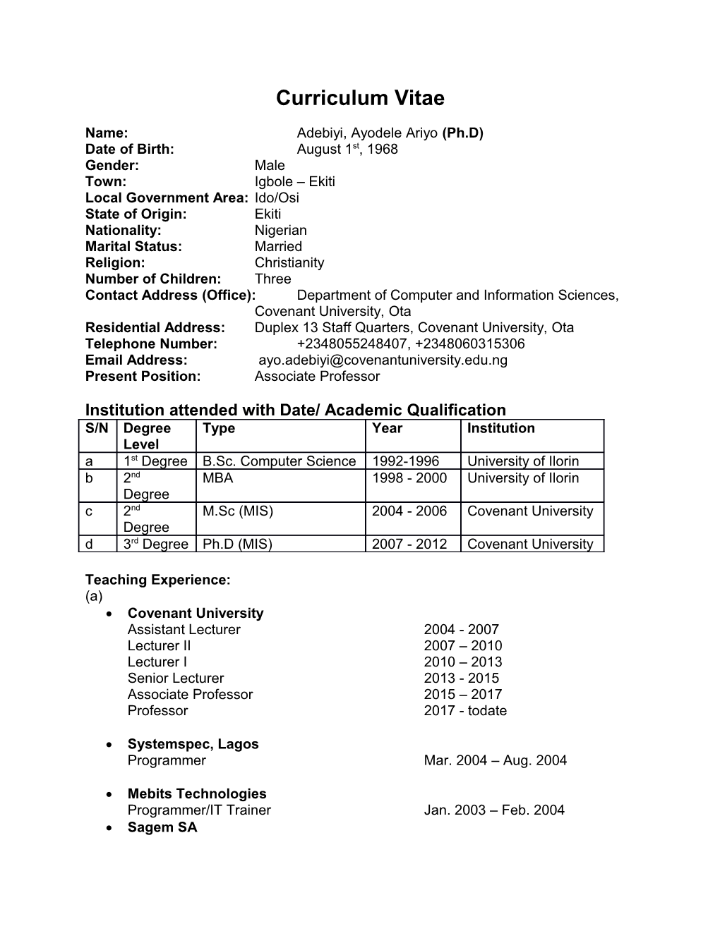 My Competence to Work in the Capacity of Programme Coordinator (Ref Pc 102)