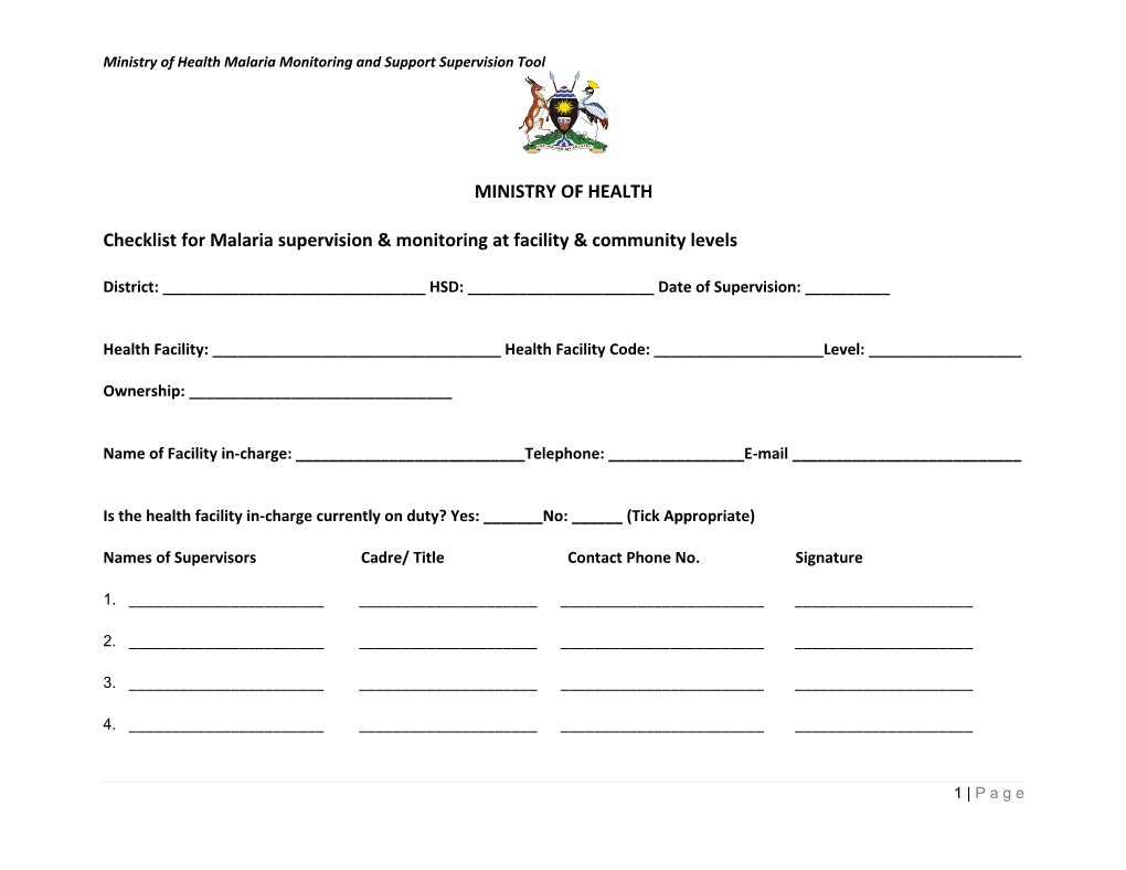 Ministry of Health Malaria Monitoring and Support Supervision Tool