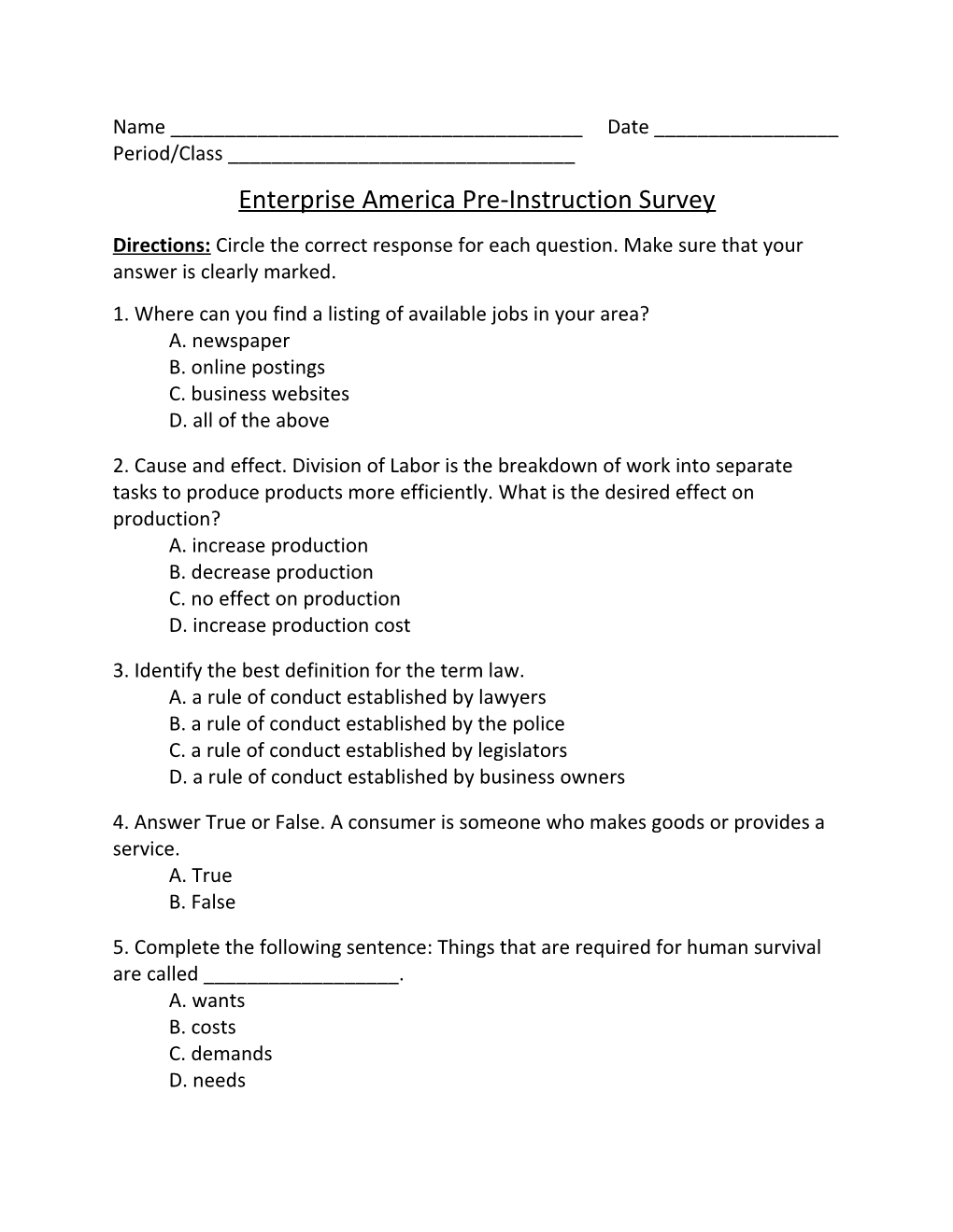 Enterprise America Pre-Instruction Survey