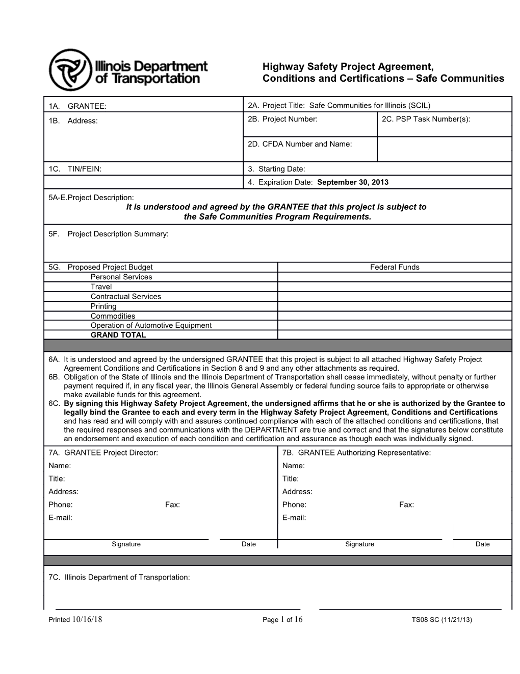 Highway Safety Project Agreement, Conditions and Certifications - Teen Driving