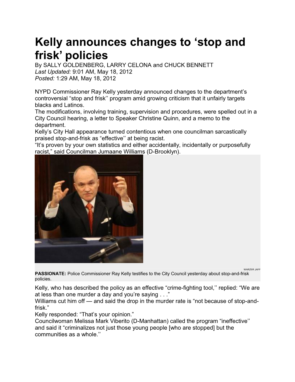 Kelly Announces Changes to Stop and Frisk Policies