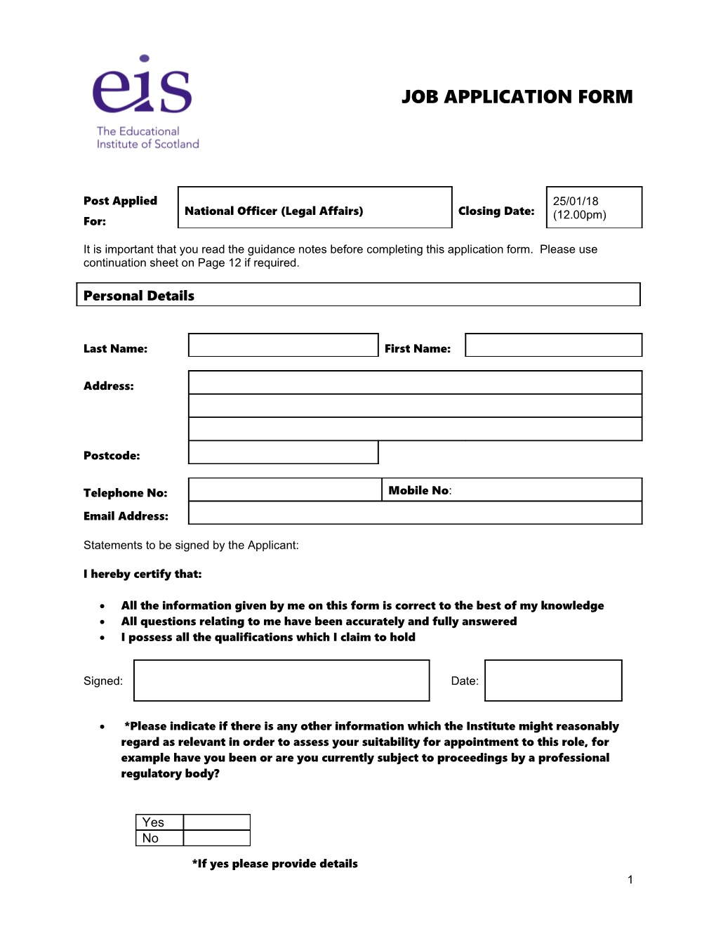 The Educational Instiute of Scotland Application Form