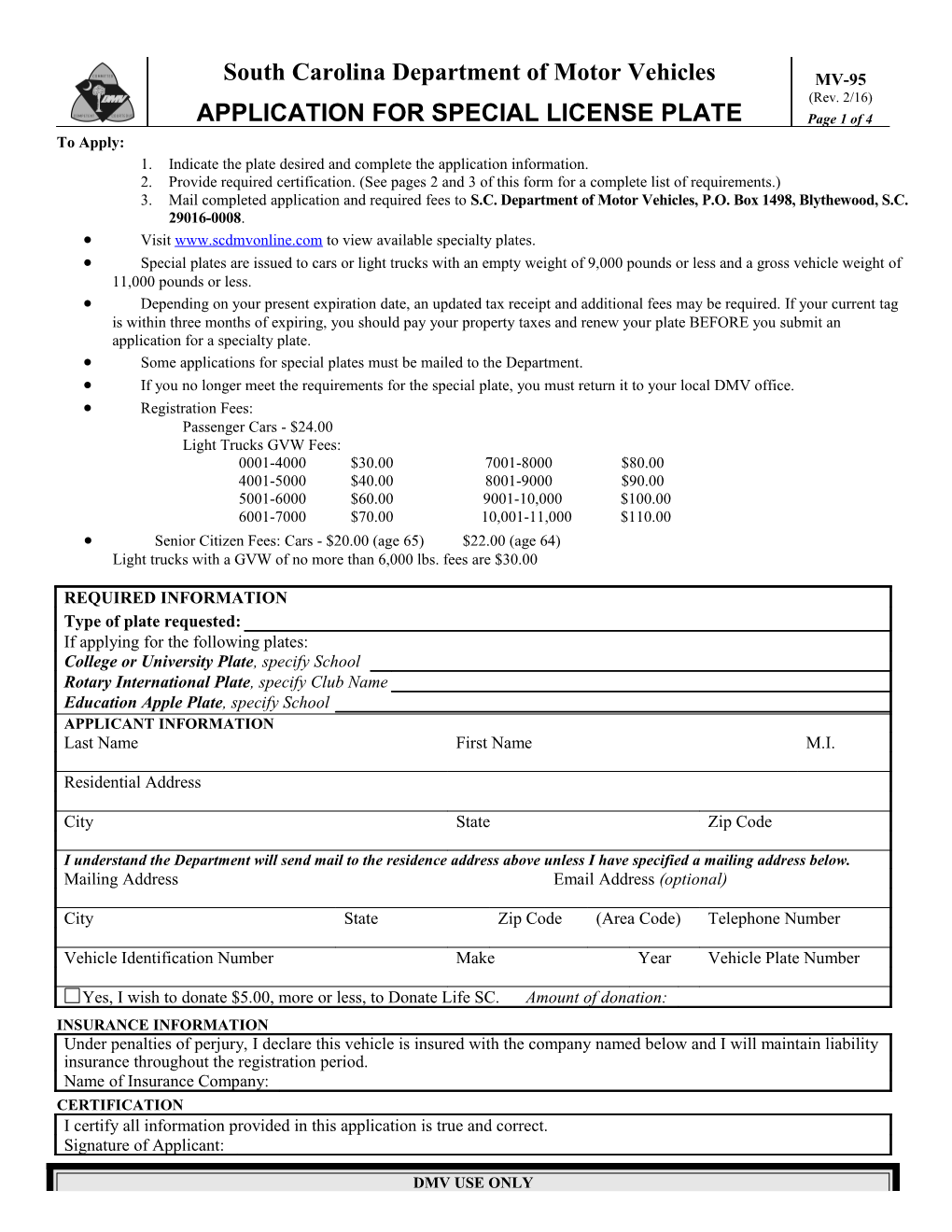 Indicate the Plate Desired and Complete the Application Information