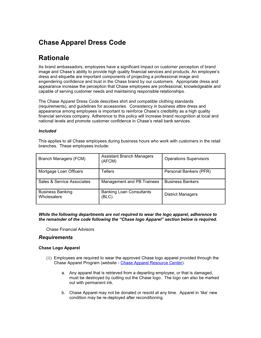 Chase Apparel Dress Code Policy