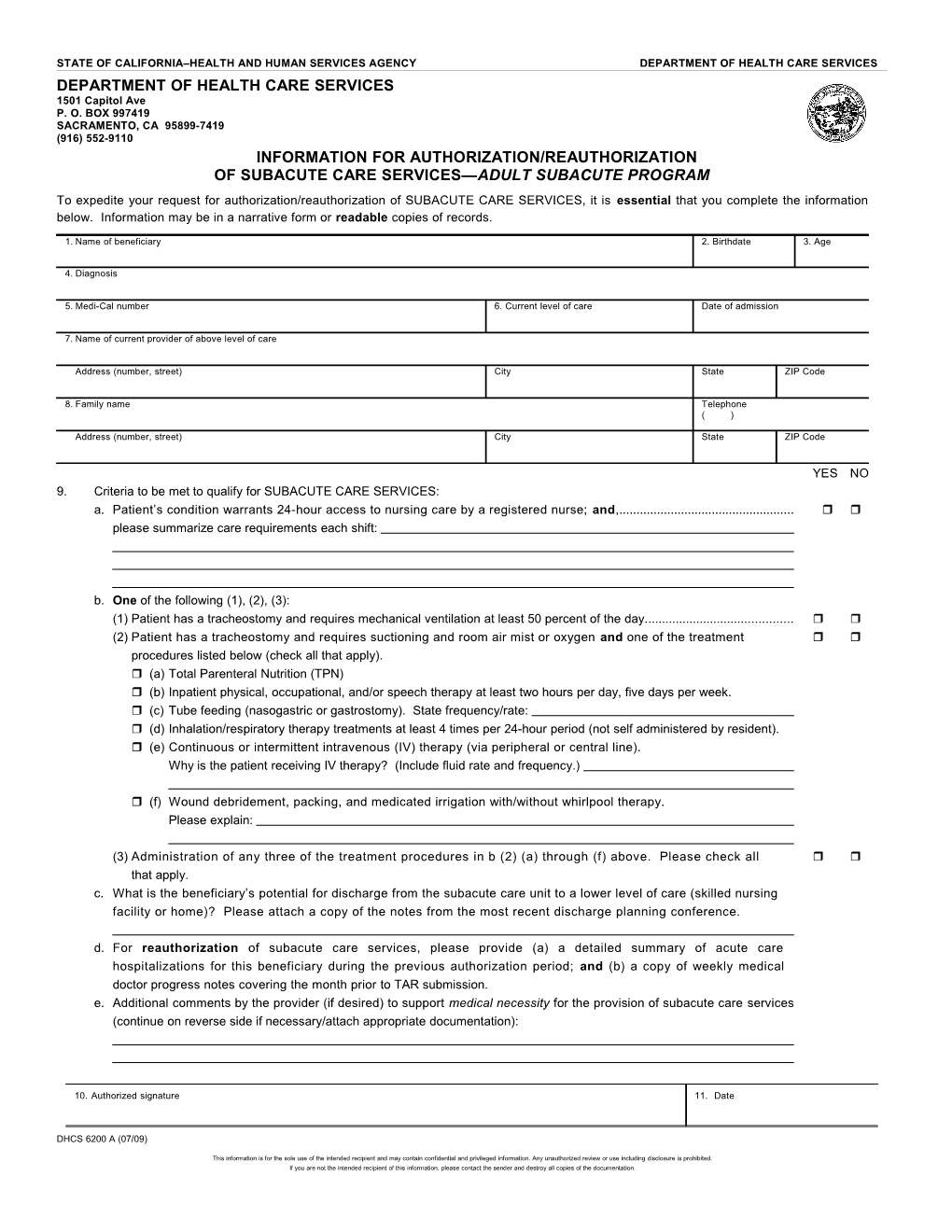 Form: Information for Authorization/Reauthorization of Subacute Care Services Adult Subacute