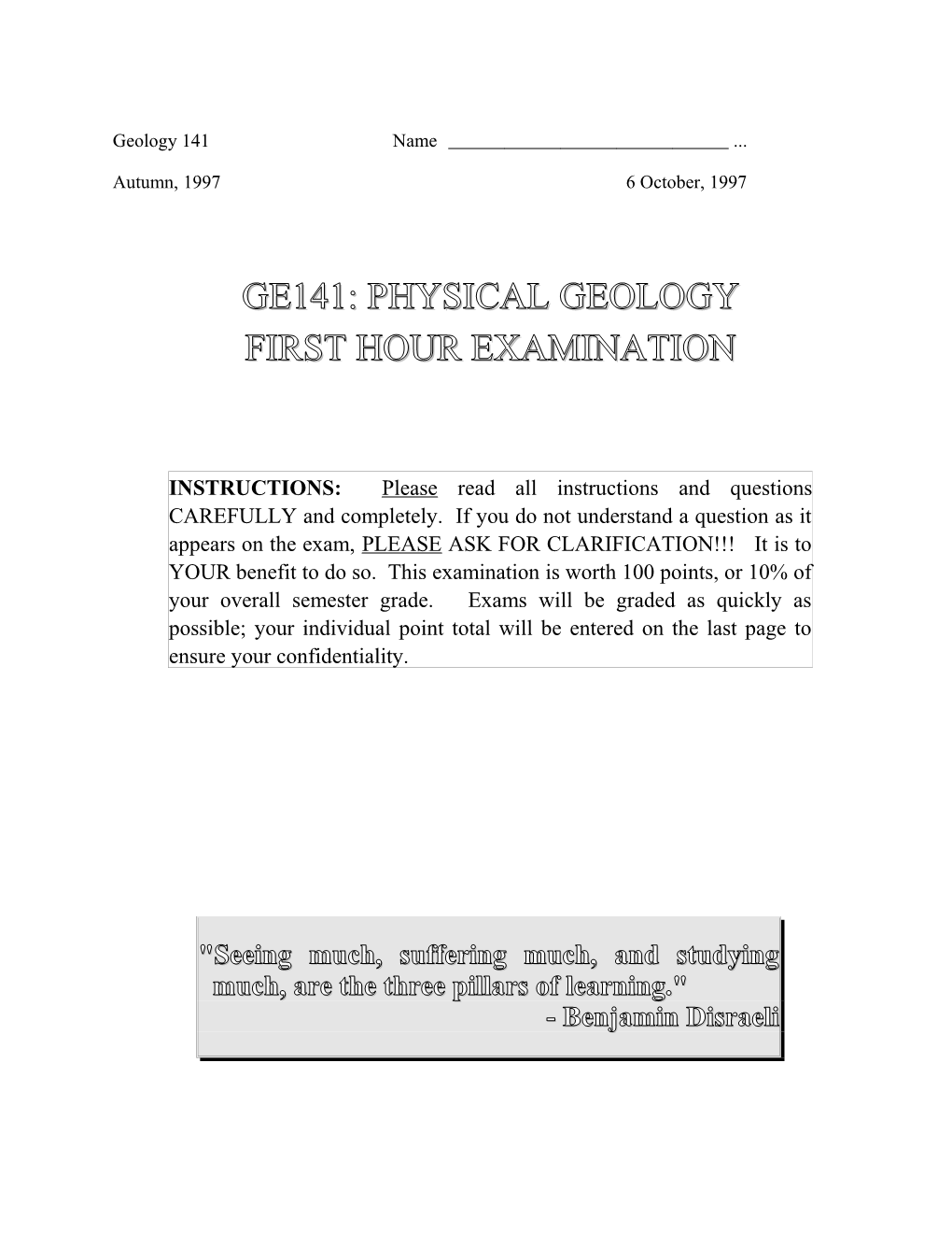 Geology 141: Autumn, 1997First Hour Exam Page 1