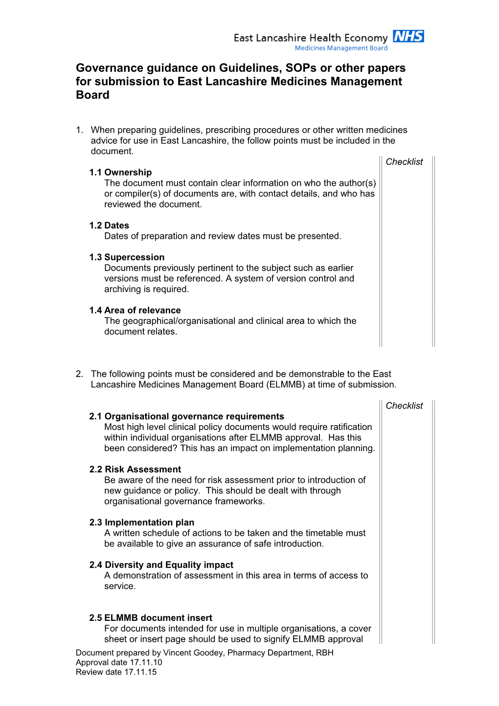 MMB Governance Checklist for Guidelines/Sops