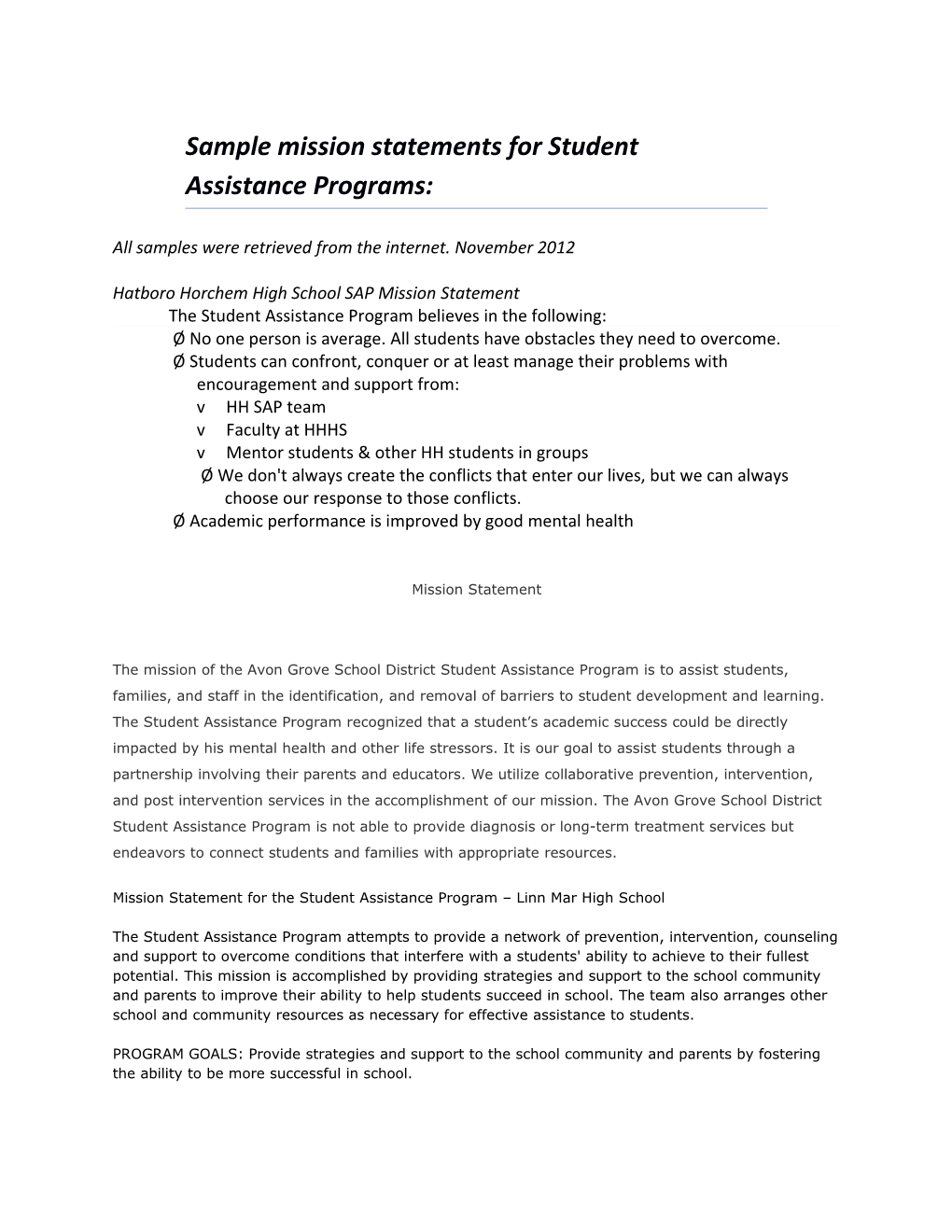 Sample Mission Statements for Student Assistance Programs