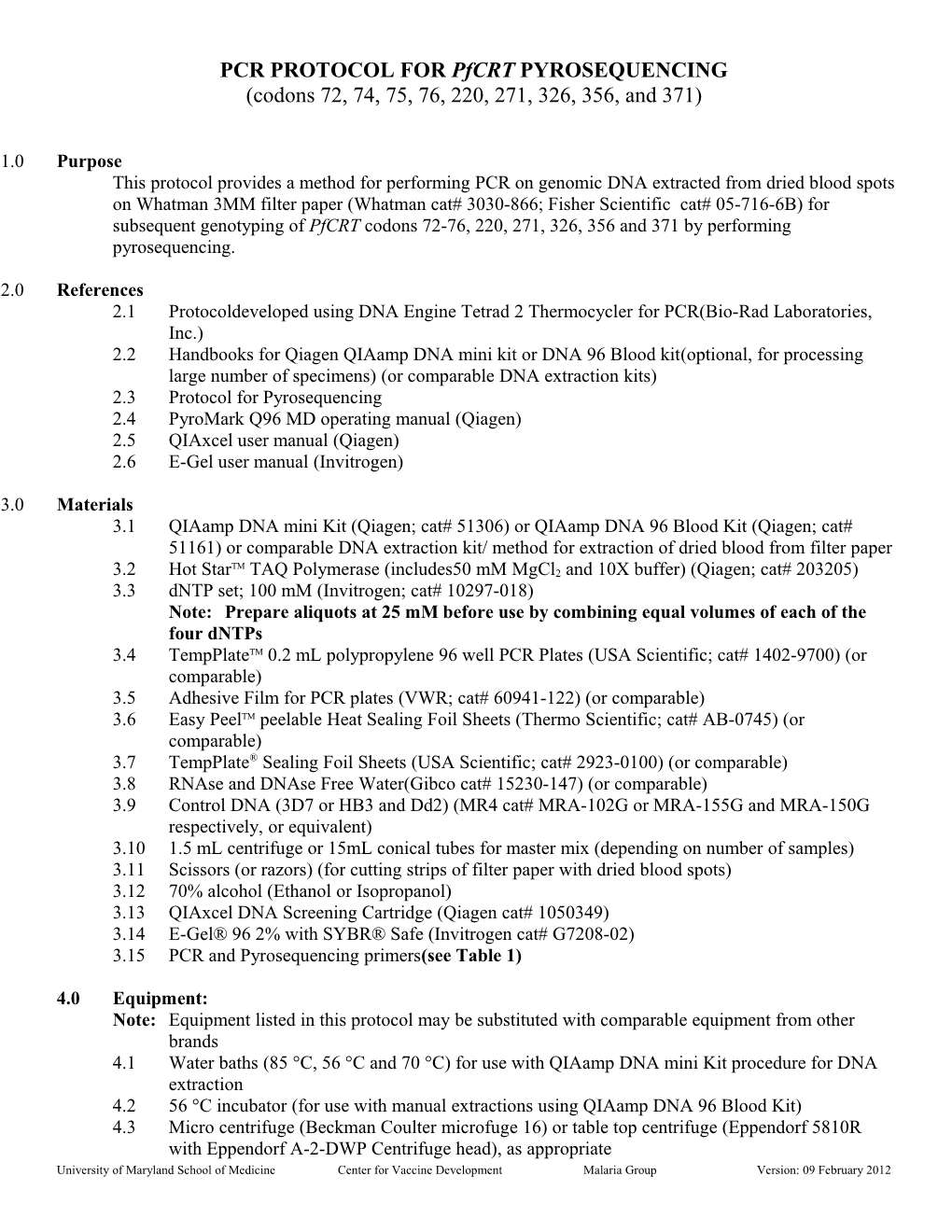 PCR PROTOCOL for Pfcrt PYROSEQUENCING