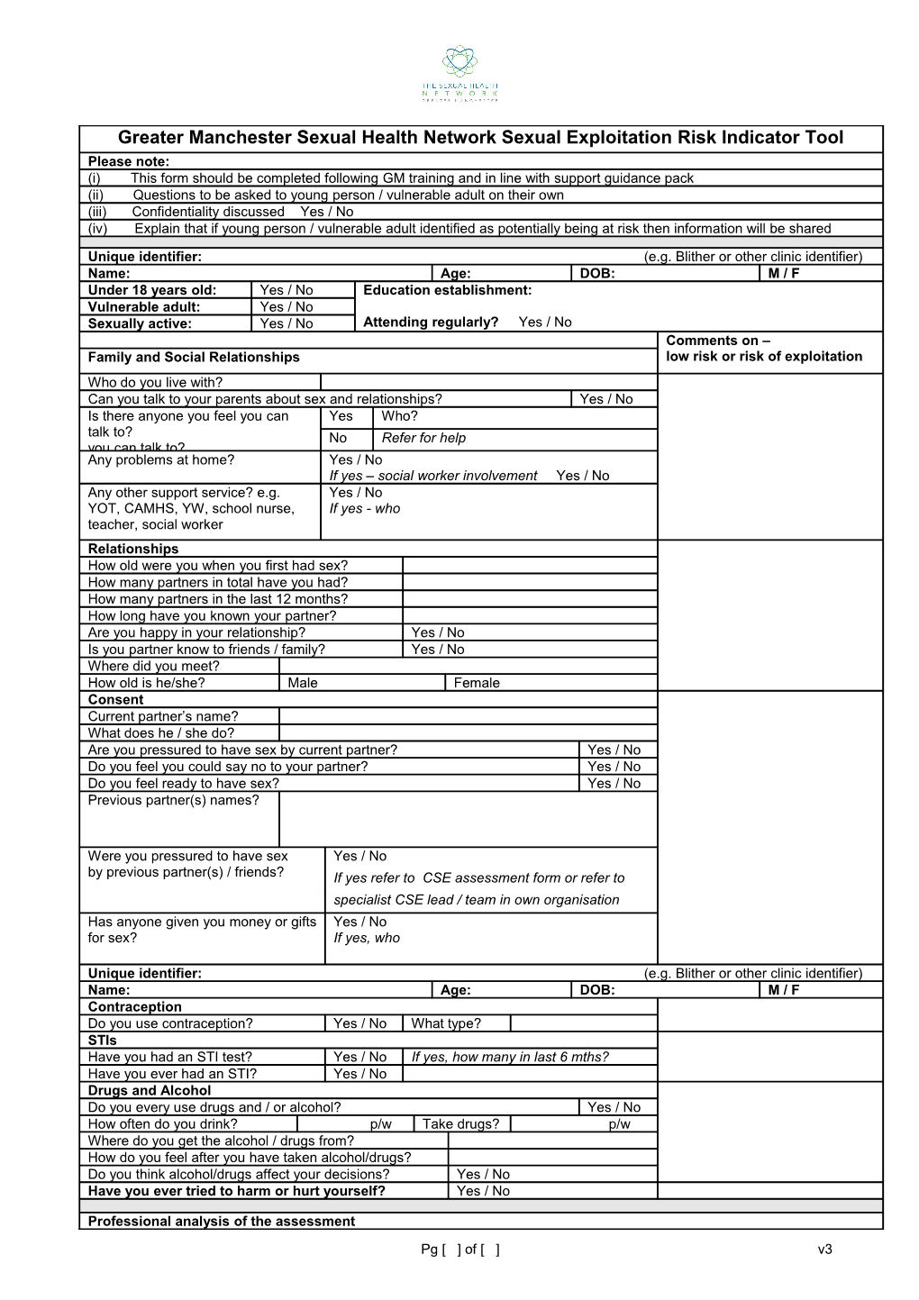 Greater Manchester Sexual Health Network CSE Risk Indicator Tool