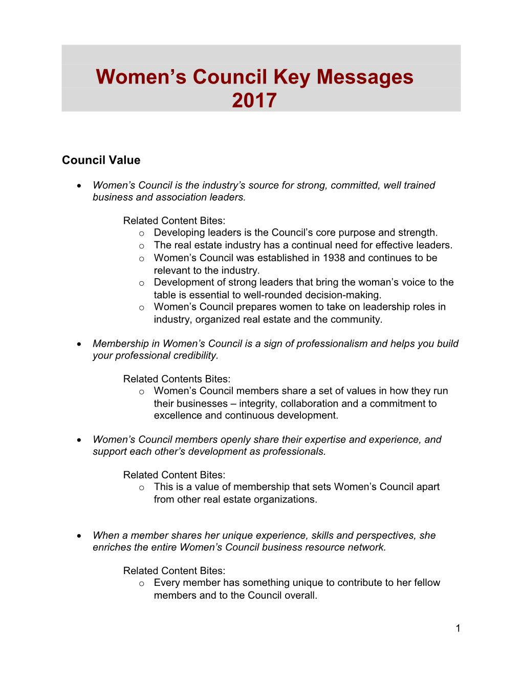 Women S Council Key Messages