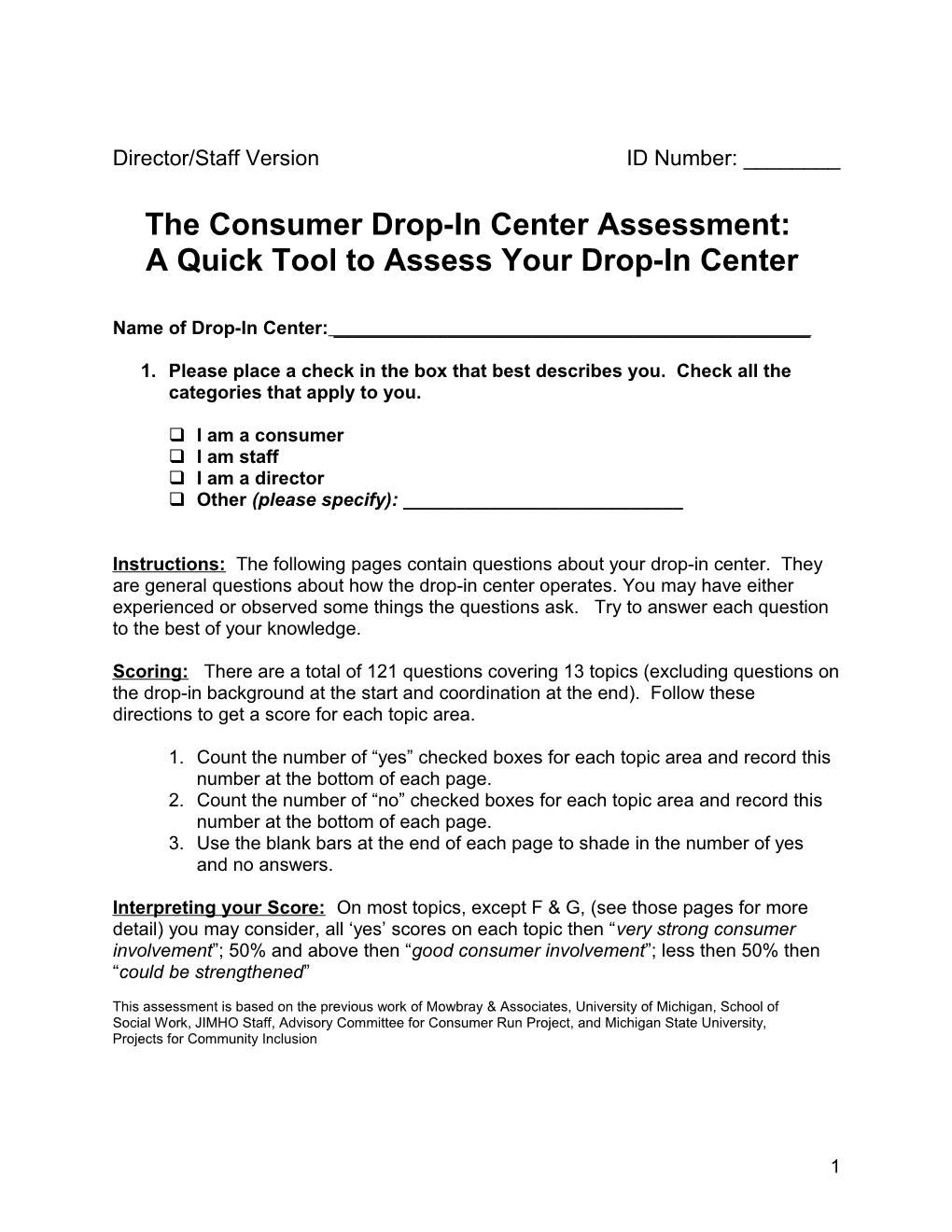 Consumer Run Program Assessment