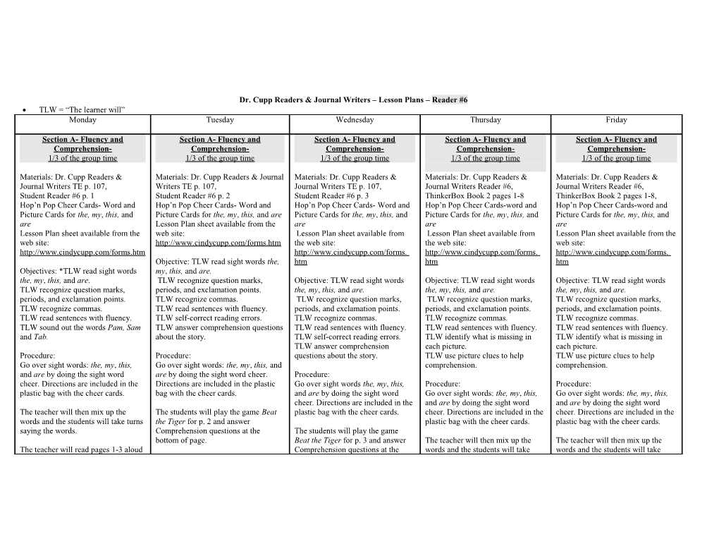 Dr. Cupp Readers & Journal Writers Lesson Plans Reader #6