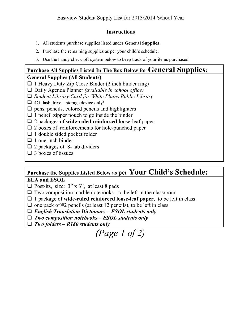 Eastview Student Supply List for 2013/2014 School Year