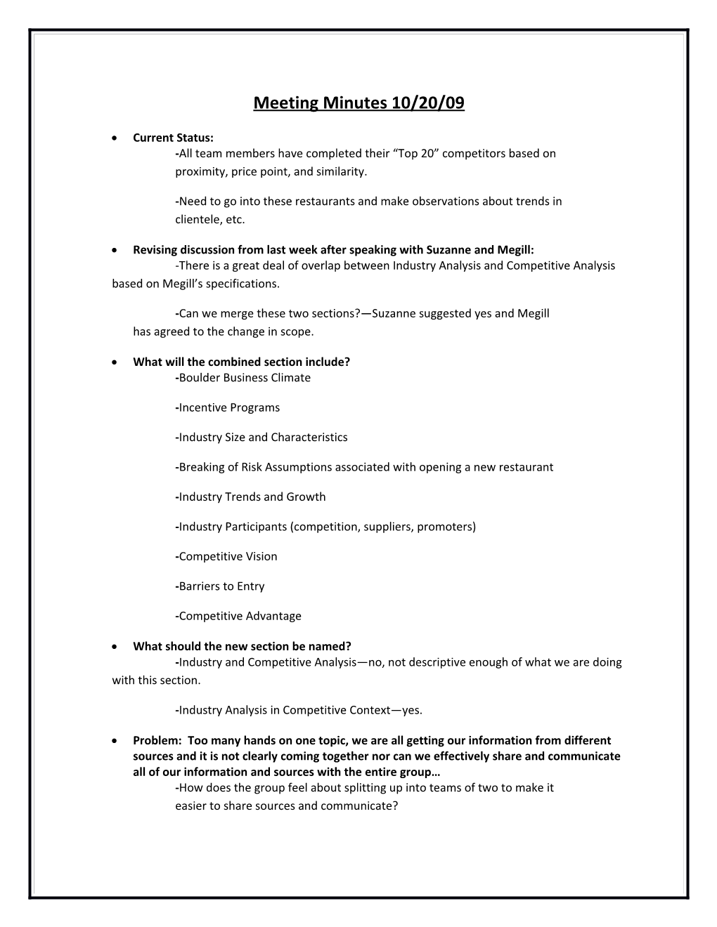 Meeting Minutes 10/20/09