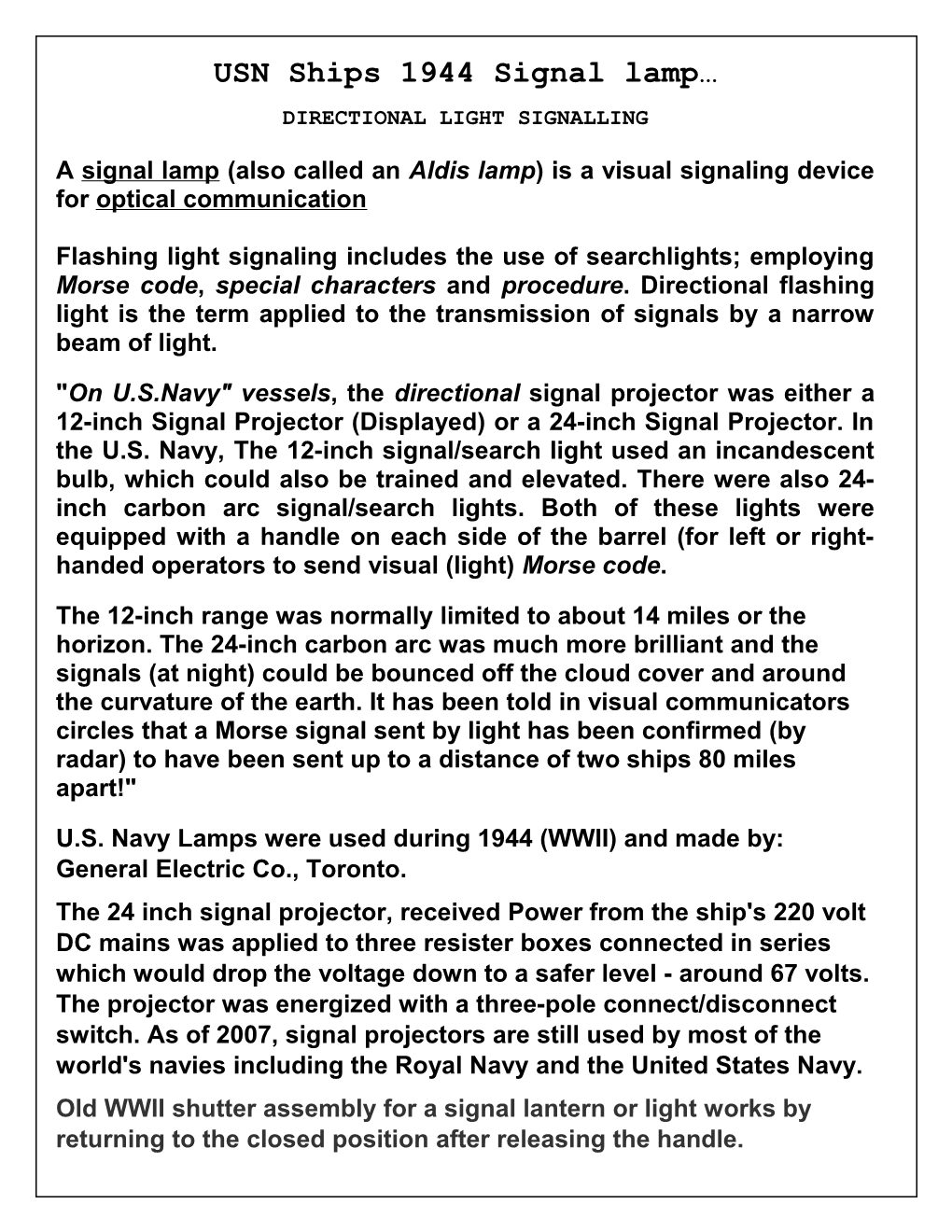 USN Ships 1944 Signal Lamp IWM Info Display