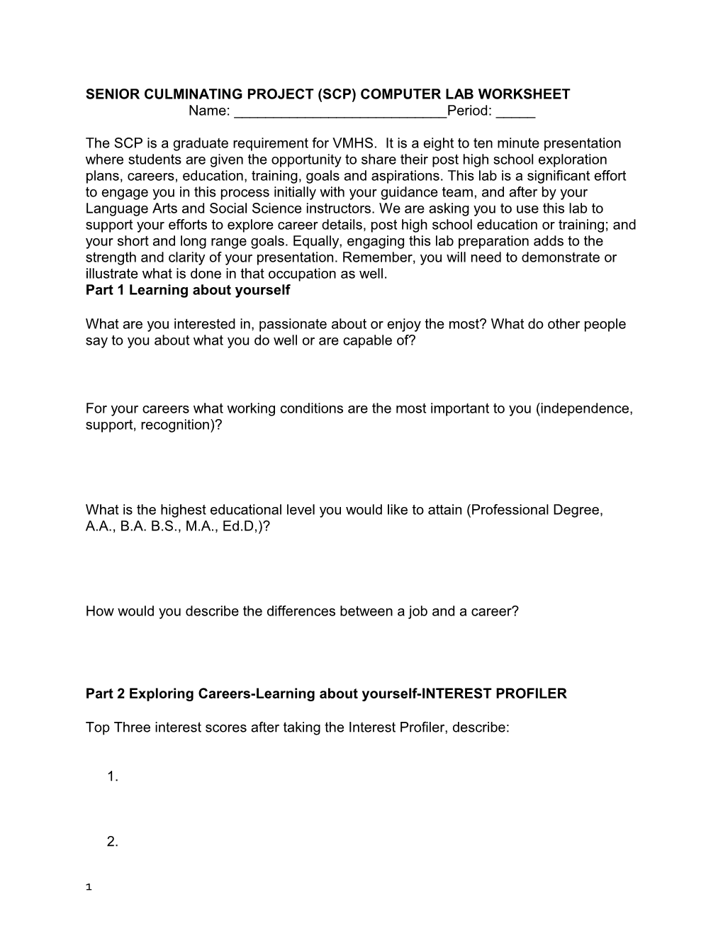 Senior Culminating Project (Scp) Computer Lab Worksheet