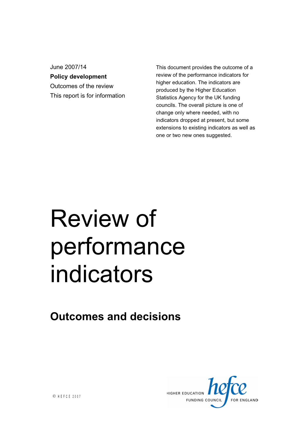 Review of the Higher Education Performance Indicators