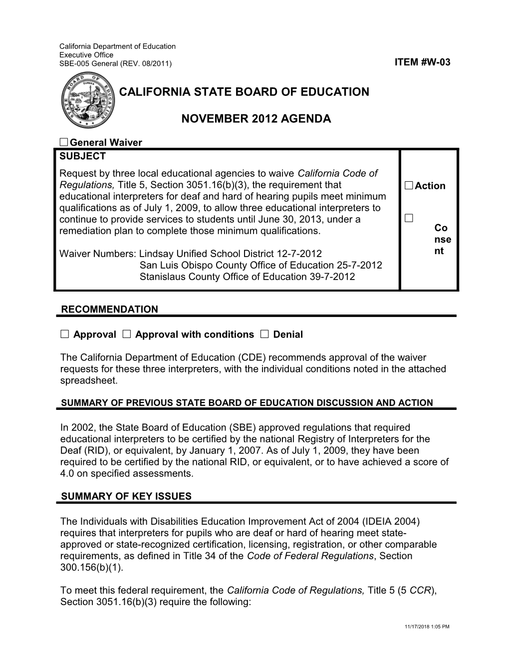 November 2012 Waiver Item W-03 - Meeting Agendas (CA State Board of Education)