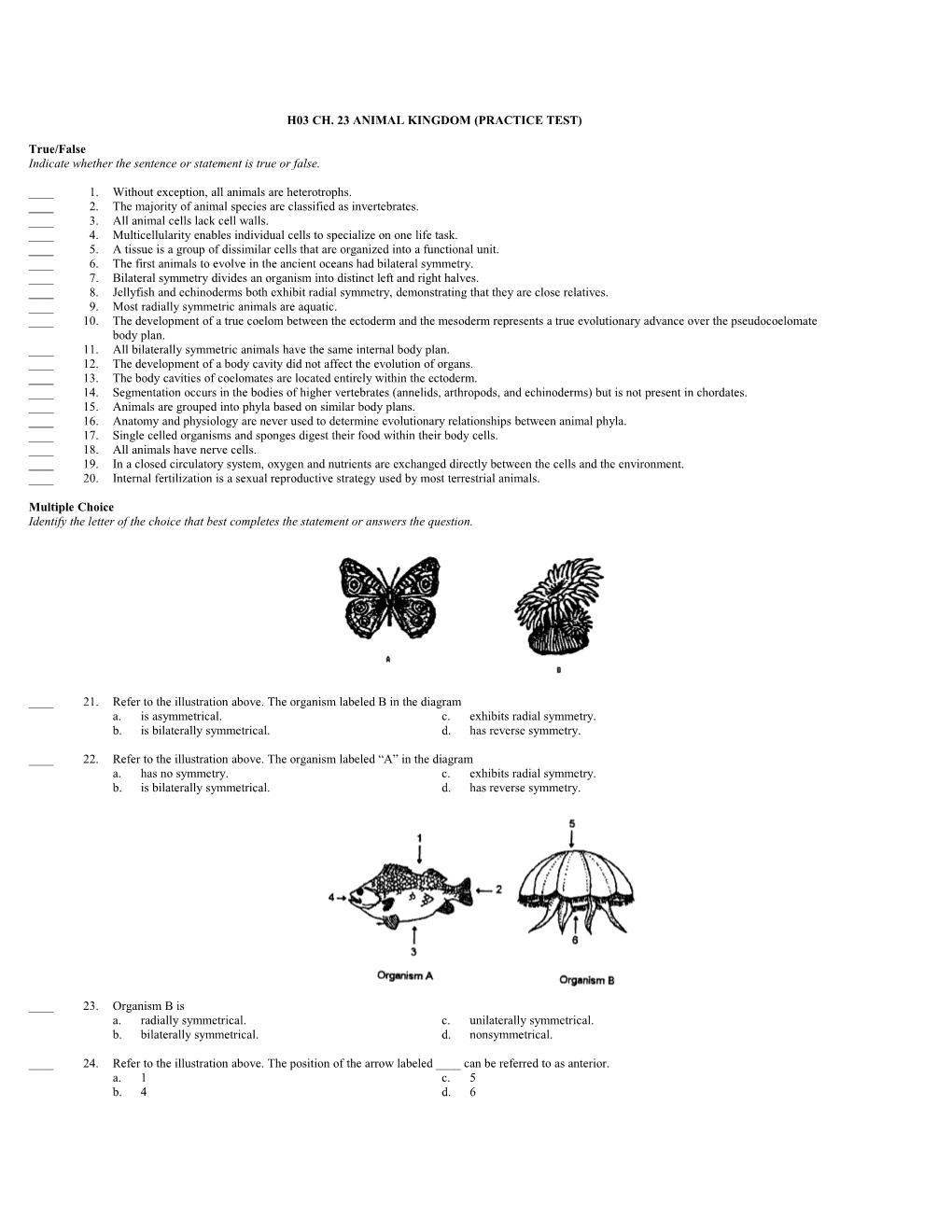 H03 Ch. 23 Animal Kingdom (Practice Test)