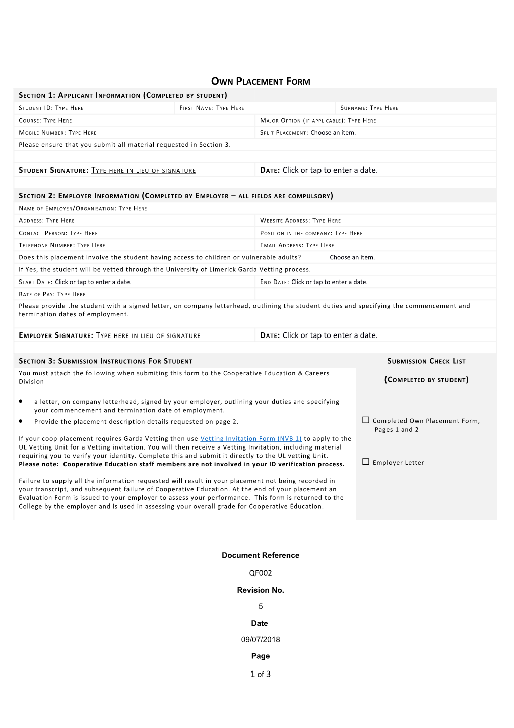 Own Placement Form